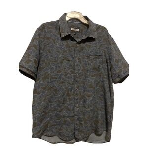 32 Bar Blues Men's Large SS Linen Button Down Shirt Brown Blue Palm Trees